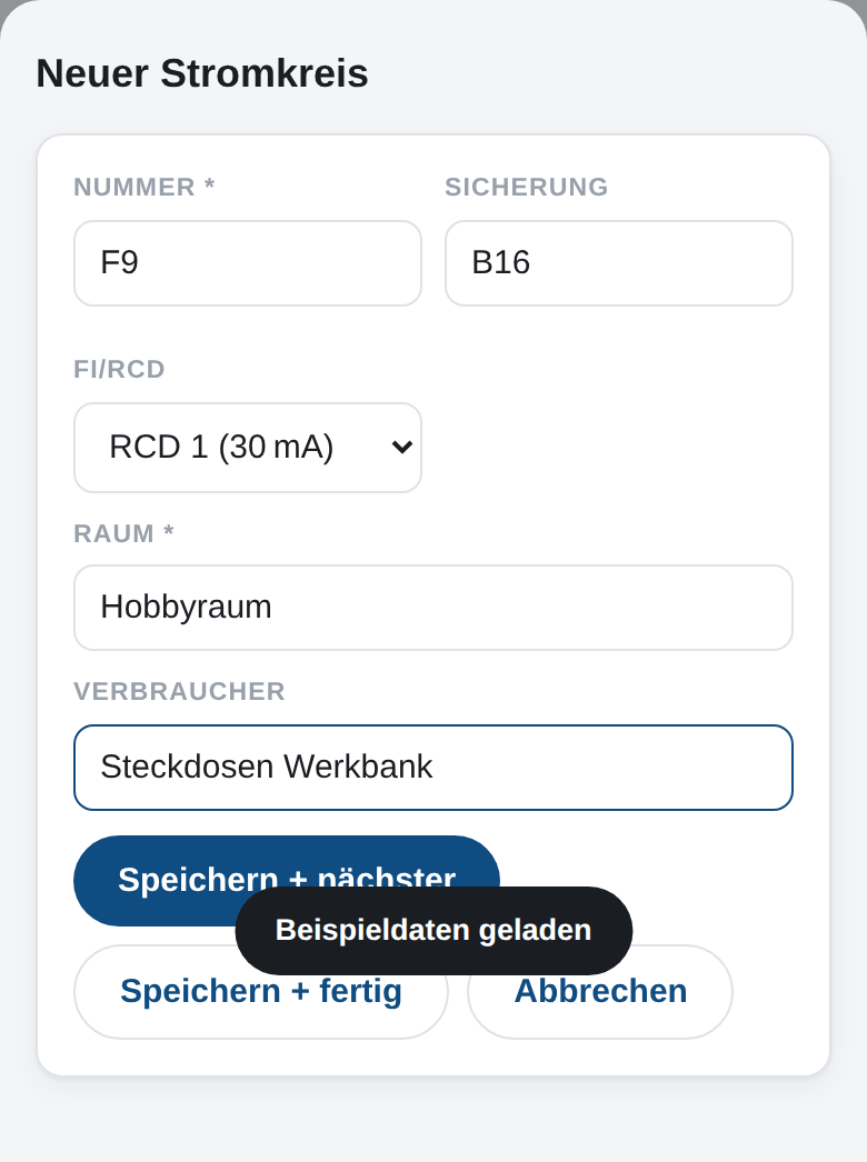Eingabemaske für einen Stromkreis